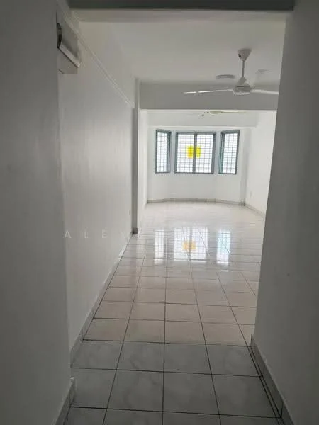 Room features: white painted walls, glossy floor tiles, ceiling fan, large windows, natural light, corner windows, neutral color scheme, open layout; style: modern.