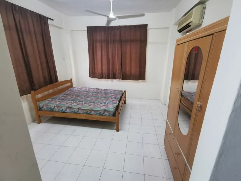 Bedroom features: queen-size bed with patterned mattress, wooden bed frame, 2 brown curtains, white tiled flooring, 1 ceiling fan, 1 wall-mounted air conditioning unit, wooden wardrobe with mirrored door, built-in dresser with drawers.