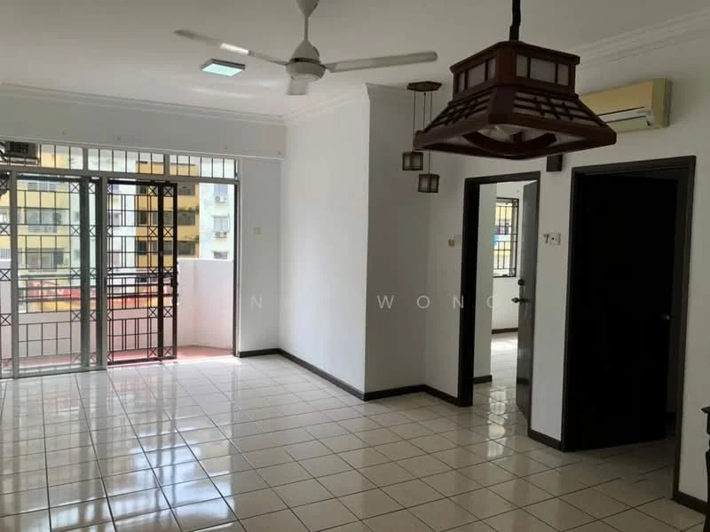 Living features: white painted walls, glazed tile flooring, 5-blade ceiling fan, recessed ceiling lights, floor-to-ceiling windows, sliding glass door, balcony access, decorative pendant light; style: modern; view: city. Room features: white painted walls, glazed tile flooring, doorway leading to another room, doorway leading to hallway.