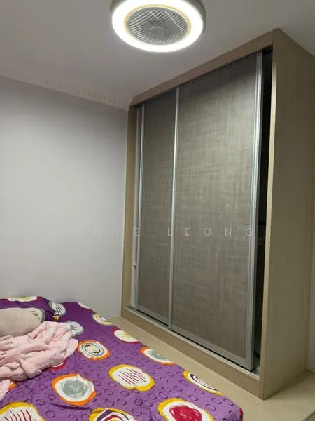 Bedroom features: queen-size bed with patterned bedding, built-in wardrobe with sliding doors, light fixture with circular design, cream painted walls, laminate flooring, decorative ceiling with crown moulding, bedside with pink blanket, wall-mounted air conditioning unit; style: modern.