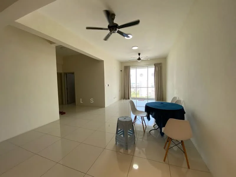 Living features: white painted walls, glossy white tile flooring, 5-blade ceiling fan, 2-blade ceiling fan, large floor-to-ceiling windows, curtains, round dining table with blue tablecloth, 3 white chairs, blue stool, open layout, natural light, view of city skyline; style: modern; view: city.