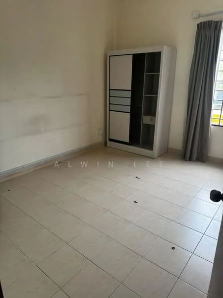 Room features: cream painted walls, tile flooring, window with sheer curtains, built-in wardrobe with sliding doors, neutral color scheme, single window, light source from window, empty floor space.