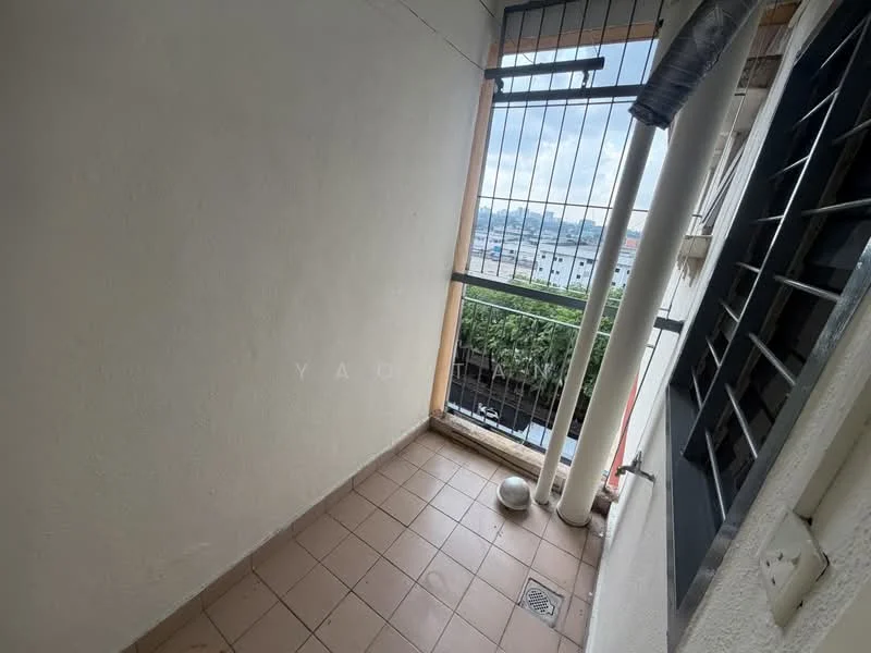 Room features: tiled flooring, white painted walls, metal railing, window with security bars, drainage grate, outdoor view, exposed pipes; view: city.