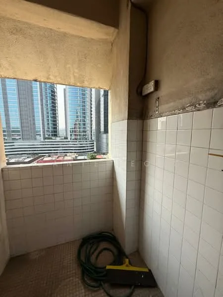 Room features: tiled walls, white tiled walls, grey concrete ceiling, floor tiles, open balcony view, city skyline view, hose on the floor, electrical outlet on the wall; view: city.