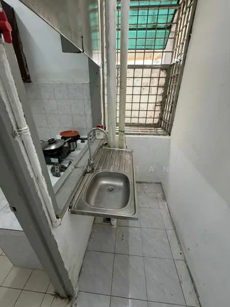 Kitchen features: single-bowl stainless-steel sink, chrome pull-down faucet, white tiled walls, white tiled flooring, gas stove with two burners, window with metal grille, countertop space, open layout.