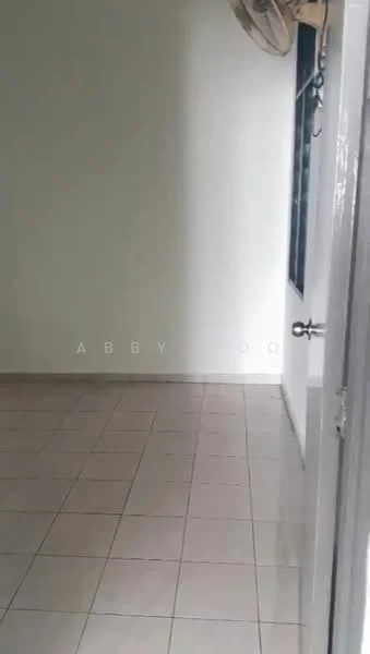 Room features: white painted walls, ceramic tile flooring, 1 wall-mounted split AC, door with knob, window with grille.