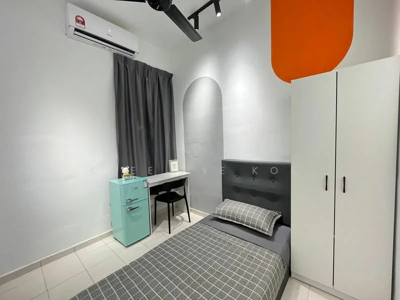 Bedroom features: single bed with grey bedding, upholstered headboard, white wardrobe, study desk with chair, light blue bedside table, grey patterned area rug, white painted walls, ceiling fan, wall-mounted air conditioning unit, curtains, tile flooring; style: modern.
