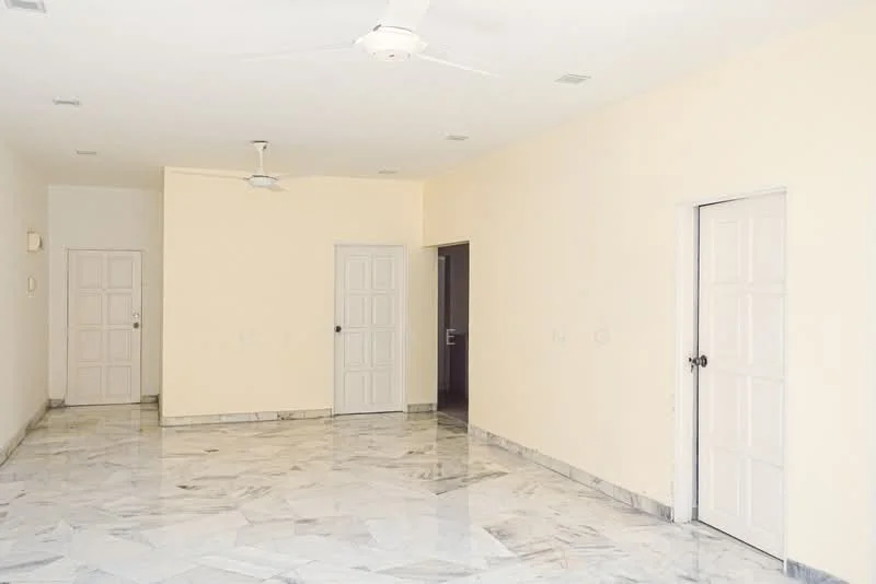Room features: white painted walls, marble flooring, ceiling fan, two doors, one door with a handle, one door without a handle, neutral color scheme, spacious layout; style: modern.