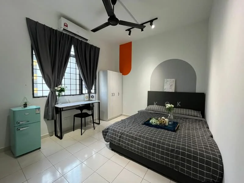 Bedroom features: king-size bed with grey bedding, upholstered headboard, 2 bedside lamps, study desk with chair, white wardrobe with sliding doors, light green fridge, floor-to-ceiling window with grid pattern, ceiling fan with light, white painted walls, tile flooring; style: modern.