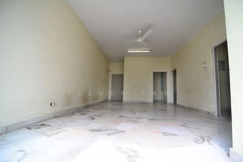 Room features: marble flooring, plain white walls, ceiling fan, fluorescent ceiling light, multiple doorways, large open space.