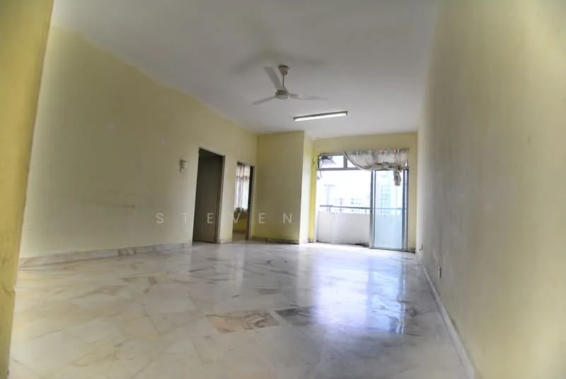 Living features: cream painted walls, marble flooring, 5-blade ceiling fan, floor-to-ceiling windows, sliding glass door, sheer curtains, natural light, open layout; view: city.
