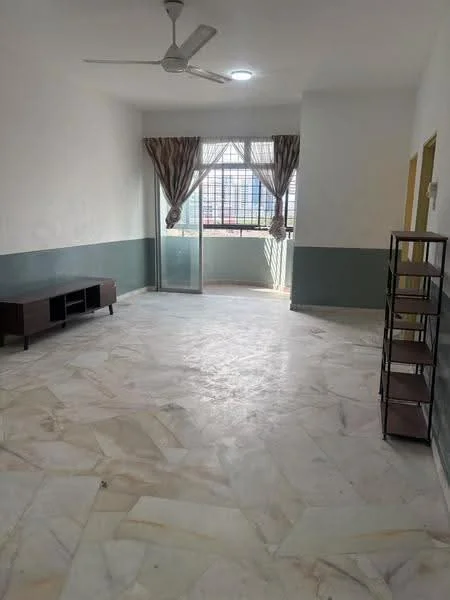Living features: marble flooring, white painted walls, green accent wall, floor-to-ceiling windows, sliding glass door, sheer curtains, ceiling fan, wall-mounted shelf, natural light, open layout; style: modern; view: garden.