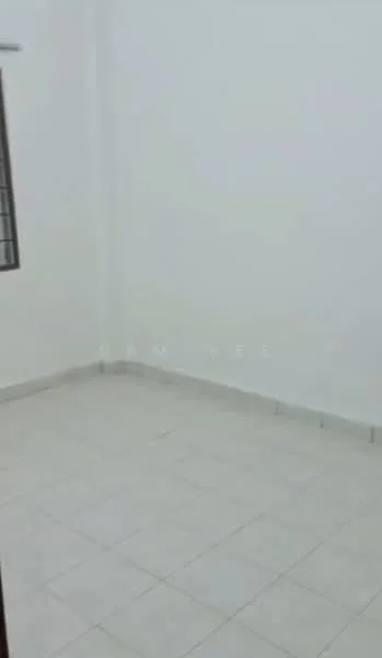 Room features: white painted walls, tile flooring, window with grille, neutral color scheme.