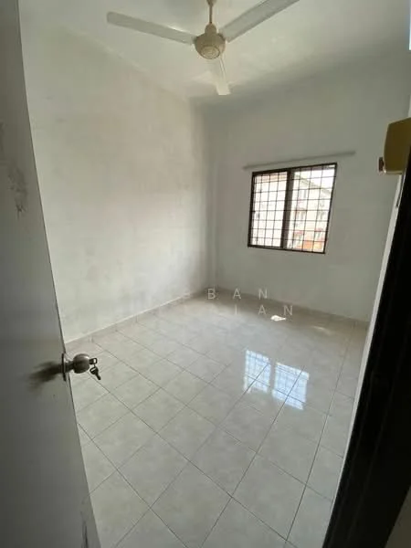 Room features: white painted walls, tiled flooring, ceiling fan, square window with grid, natural light from window.