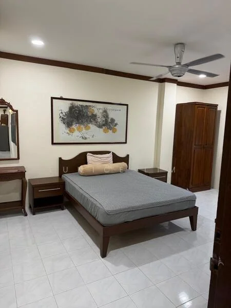 Bedroom features: queen-size bed, upholstered headboard, wooden bedside table, wooden dresser with mirror, wooden wardrobe, 5-blade ceiling fan, white tiled flooring, white painted walls, decorative wall art; style: modern.