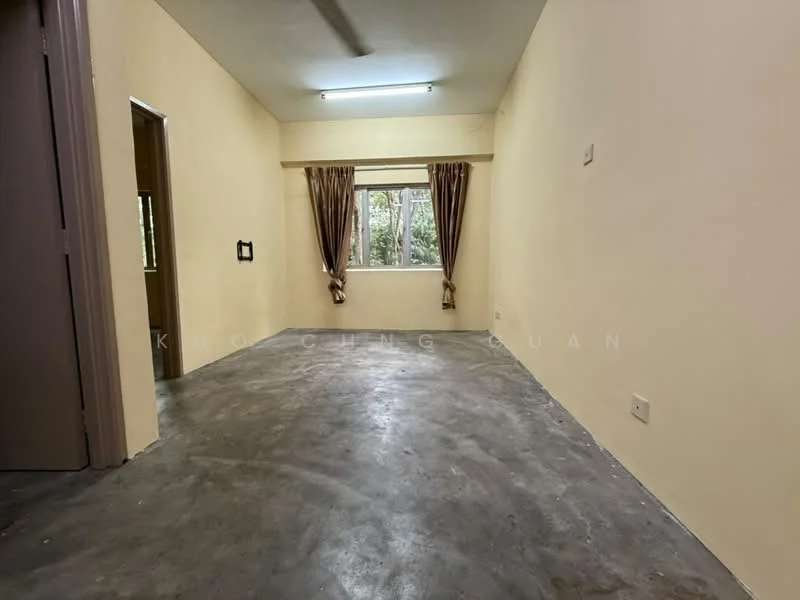 Room features: cream painted walls, concrete flooring, window with view to outside, curtains, ceiling light fixture, doorway leading to another room, wall-mounted electrical outlet; style: minimalist; view: garden.