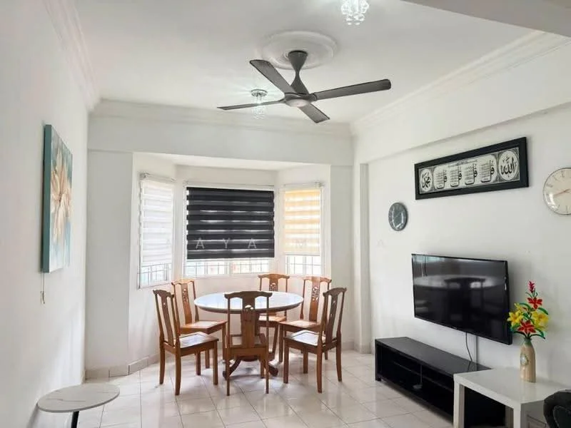 Dining features: round dining table, 6 wooden dining chairs, white walls, ceiling fan with light, recessed ceiling lights, TV console, wall-mounted TV, decorative wall clock, framed artwork, window with sheer curtains, window with blackout blinds, tile flooring; style: modern.