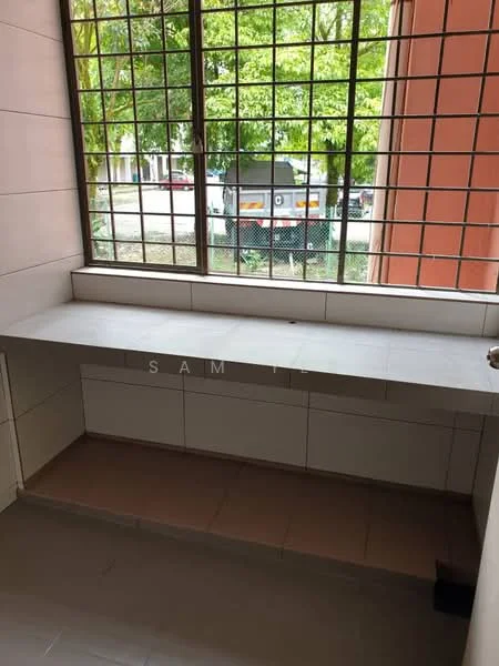Room features: large window with metal grille, light-colored wall tiles, grey floor tiles, built-in countertop, under-counter storage, natural light from window, minimalist design; style: modern; view: garden.