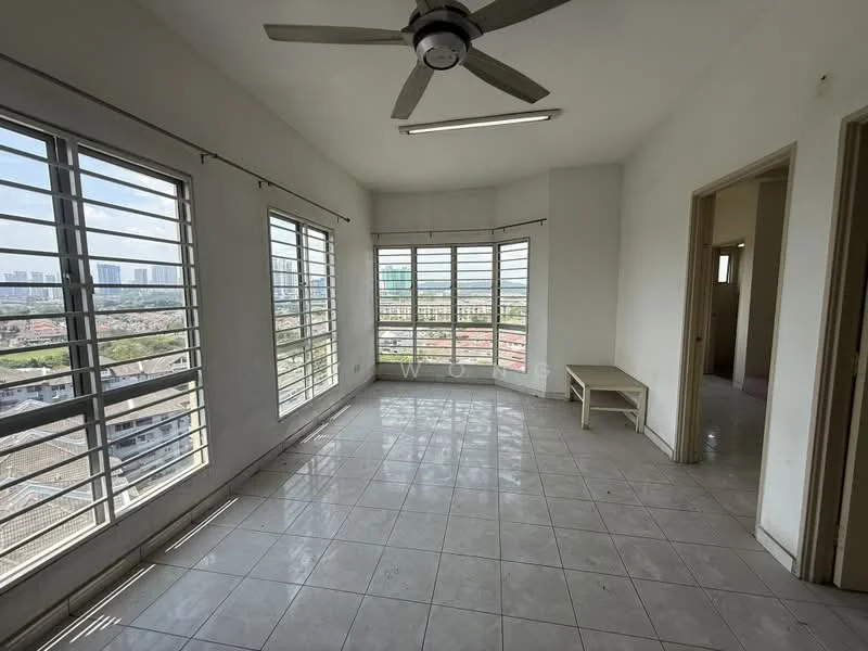 Living features: floor-to-ceiling windows, white painted walls, ceiling fan, tile flooring, natural light, city view, corner layout, sliding window grills; style: modern; view: city.