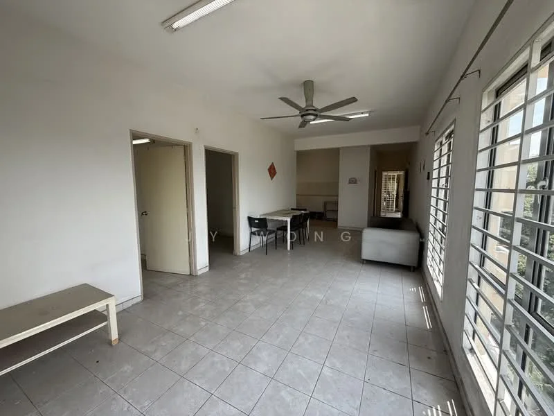 Living features: white painted walls, tile flooring, 5-blade ceiling fan, large windows with horizontal slats, sofa, dining table, chairs, doorway leading to another room.