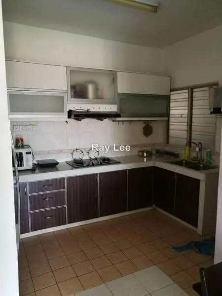 Kitchen features: L-shaped kitchen layout, white upper cabinets with glass panels, dark wood lower cabinets, ceramic tile flooring, stainless-steel sink, chrome pull-down faucet, built-in gas hob with 4 burners, exhaust hood, microwave, kettle, countertop with white surface, wall-mounted storage rack, window with metal grille, tile backsplash, light fixture on ceiling; style: modern.