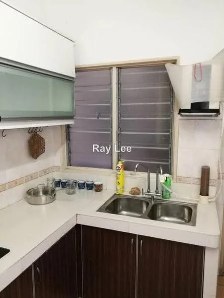Kitchen features: white laminate countertop, double-bowl stainless-steel sink, chrome pull-down faucet, wood cabinetry with dark finish, glass upper cabinets, window with horizontal slats, kitchen utensils on countertop, cleaning supplies on countertop; style: modern.