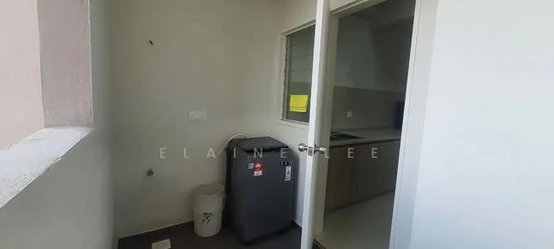 Room features: grey tiled flooring, white painted walls, window with glass panes, small refrigerator, waste bin.