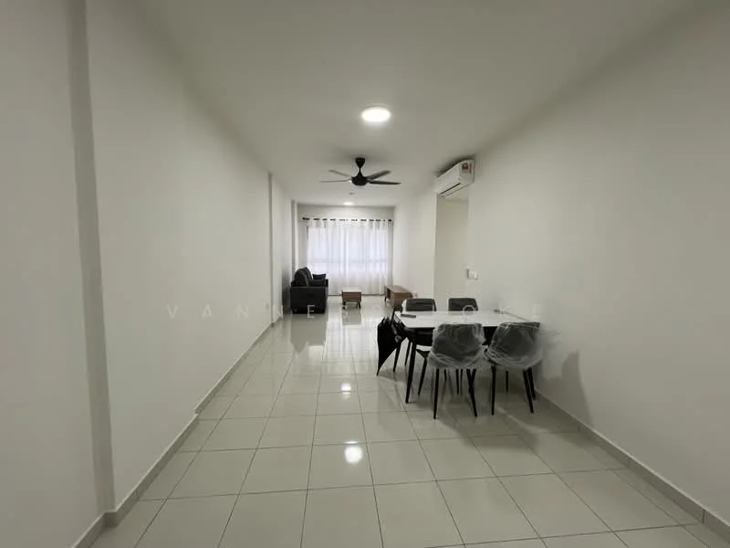 Living features: white painted walls, glossy ceramic tile flooring, 5-blade ceiling fan with light, recessed downlights, floor-to-ceiling windows with sheer curtains, sofa in dark color, 6-seater dining table, transparent dining chairs, air conditioning unit on wall; style: modern.