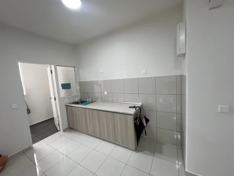 Kitchen features: white painted walls, grey tiled backsplash, light wood cabinetry, single-bowl stainless-steel sink, chrome pull-down faucet, white ceramic tile flooring, recessed ceiling lights, countertop with storage underneath; style: modern. Room features: white painted walls, grey tiled flooring, doorway leading to another room.