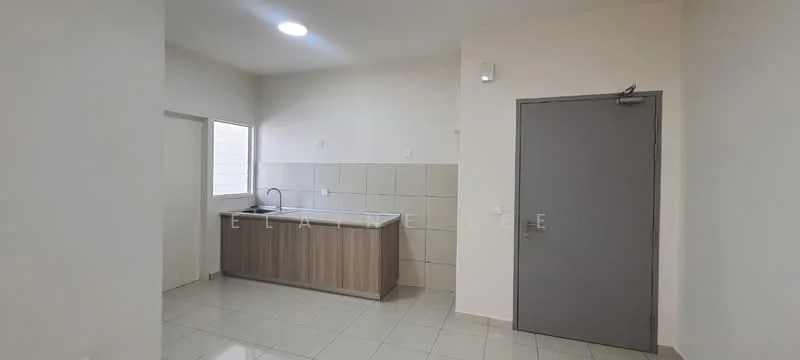 Kitchen features: single-bowl stainless-steel sink, chrome pull-down faucet, laminate countertop, wood cabinetry, white tiled backsplash, grey tiled flooring, wall-mounted light fixture, window for natural light; style: modern.