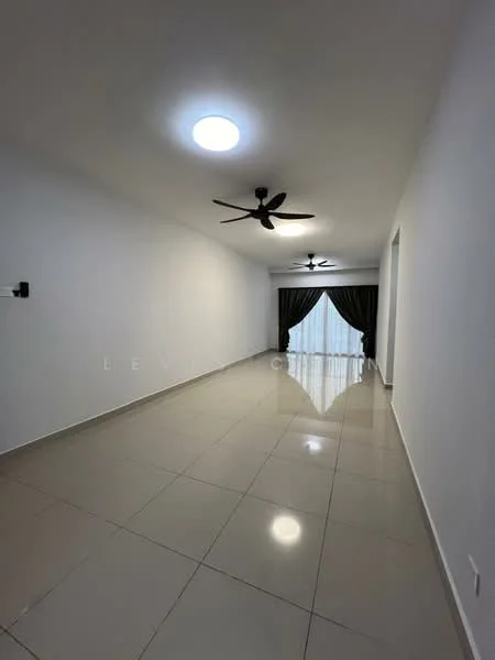 Living features: white painted walls, glossy ceramic tile flooring, 2 ceiling fans, recessed downlights, floor-to-ceiling windows with sheer curtains, dark curtains, open layout, neutral color scheme; style: modern.