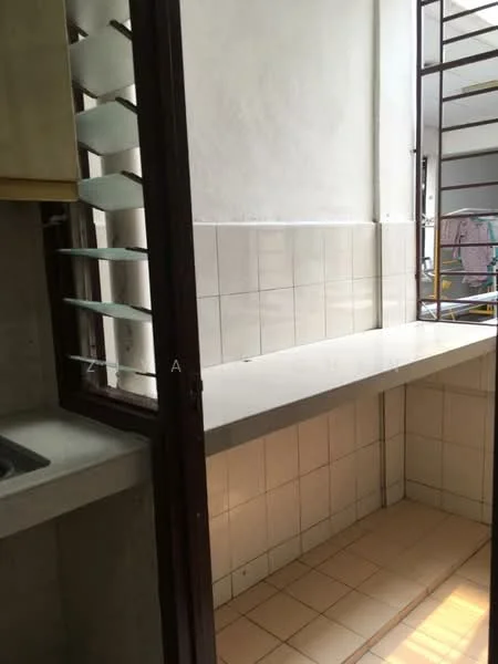 Room features: white tiled walls, light beige tiled flooring, long countertop, metal window grilles, open layout, natural light from window, sink area, minimal cabinetry; style: modern.