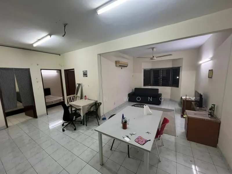 Living features: white painted walls, tile flooring, ceiling fan, window with black frames, sofa in dark color, dining table with chairs, study desk, air conditioning unit. Bedroom features: white painted walls, tile flooring, single bed, wardrobe, window with black frames.