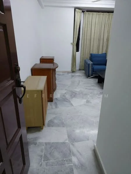Room features: white painted walls, marble tile flooring, ceiling with crown moulding, two wooden cabinets, blue fabric sofa, curtains, window, doorway; style: modern.