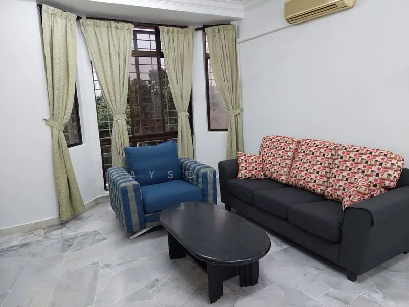 Living features: grey fabric sofa, 2-seater sofa with patterned upholstery, blue armchair with striped pattern, black coffee table, marble flooring, white painted walls, floor-to-ceiling windows, sheer curtains, air conditioning unit; style: modern; view: garden.