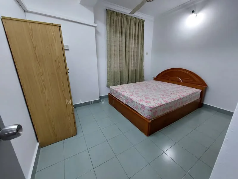 Bedroom features: single bed with floral bedding, wooden bed frame, green curtains, white painted walls, tile flooring in light green, built-in wardrobe, ceiling light fixture, wall-mounted light, window with curtain treatment.