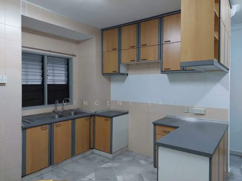 Kitchen features: laminate cabinetry in light wood, grey countertop, double-bowl stainless-steel sink, chrome faucet, wall-mounted cabinets, tile backsplash, grey tile flooring, window with horizontal slats; style: modern.