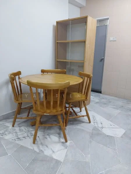 Dining features: round wooden dining table, 4 wooden dining chairs, light wood finish, grey marble tile flooring, built-in wooden shelving unit, white painted walls, neutral wall color, doorway to another room; style: modern.