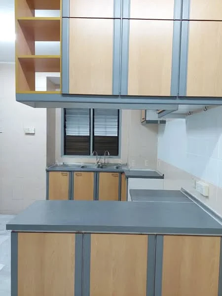 Kitchen features: light wood cabinetry, grey laminate countertop, stainless-steel sink, chrome pull-down faucet, built-in range hood, open shelving above countertop, tile backsplash, window with horizontal blinds; style: modern.