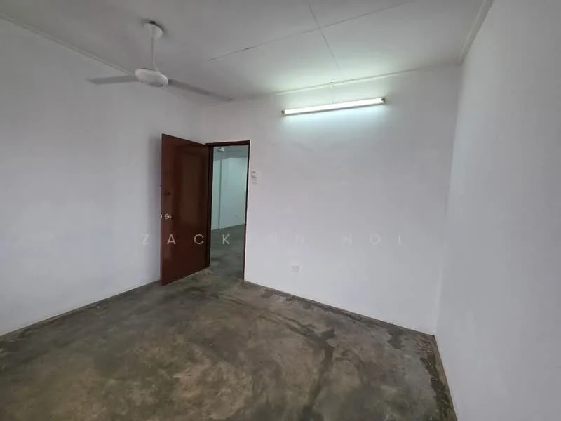 Room features: white painted walls, concrete flooring, ceiling fan, single wooden door, fluorescent light fixture; style: minimalist.