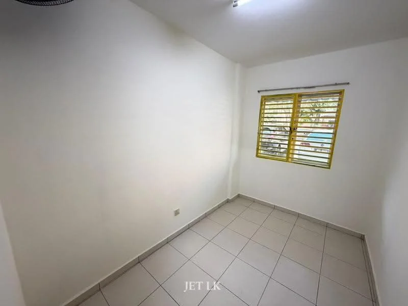 Room features: white painted walls, tile flooring, yellow window frames, horizontal slatted window treatments, single ceiling light fixture, no visible furniture, corner location, natural light from window; style: minimalist; view: street.