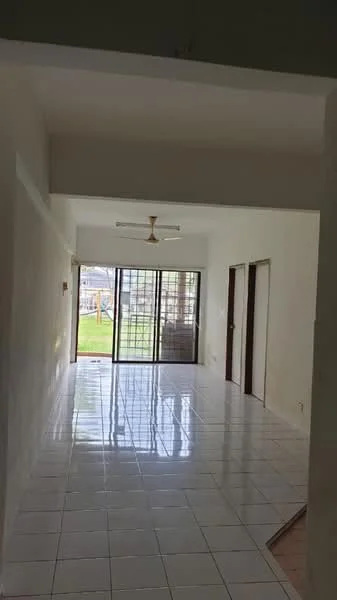 Room features: white painted walls, glossy white tile flooring, 5-blade ceiling fan, floor-to-ceiling sliding glass door, natural light from sliding door, view of outdoor space, two wooden doors, open layout; view: garden.