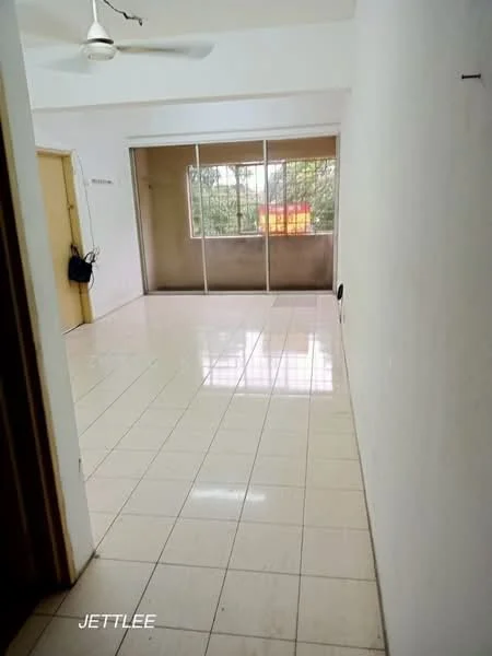 Room features: white painted walls, glossy white tile flooring, ceiling fan, large sliding glass door, window with view of greenery, neutral color scheme, no visible furniture, natural light from window; style: minimalist; view: garden.