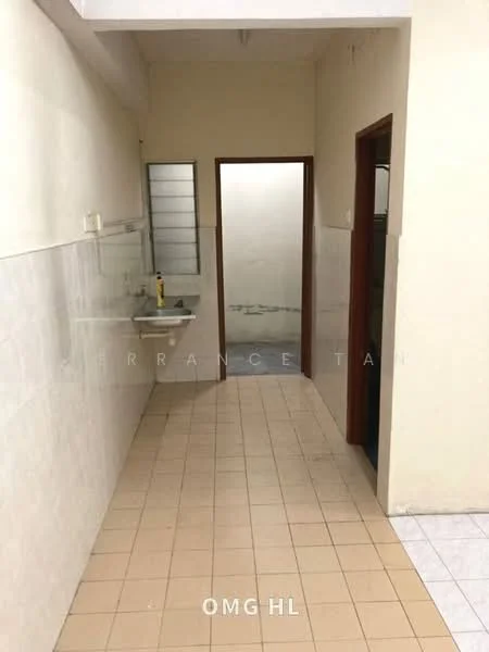 Room features: white painted walls, tile flooring, single-bowl sink, wall-mounted mirror, doorway leading to another room, window with frosted glass, light switch, cleaning supplies on sink.