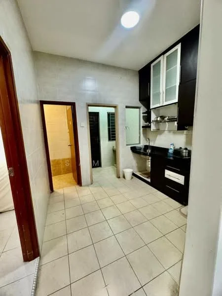 Kitchen features: black cabinetry, white countertop, stainless-steel sink, chrome pull-down faucet, built-in oven, freestanding range oven, ceramic tile flooring, recessed downlights, wall-mounted cabinets with glass fronts, open shelving, tile backsplash, window with grille, door leading to other room, neutral painted walls; style: modern. Room features: ceramic tile flooring, neutral painted walls, door leading to bathroom, door leading to another room.