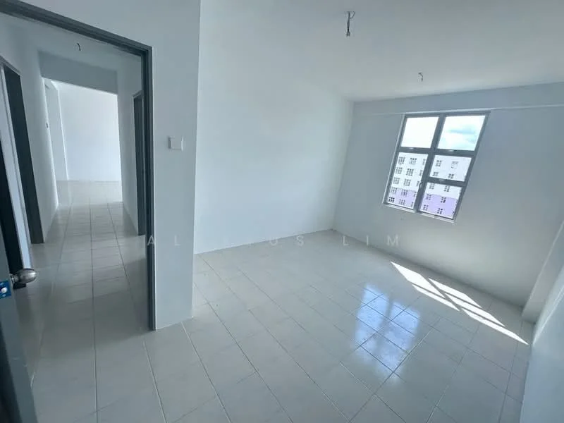 Room features: white painted walls, tile flooring, large window with natural light, corner room with angled wall, ceiling lights, no visible furniture, neutral color scheme, open layout; style: modern; view: city.