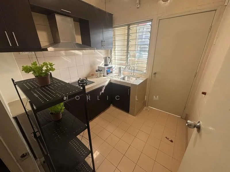 Kitchen features: black cabinetry, stainless-steel sink, chrome pull-down faucet, white tiled backsplash, built-in oven, electric kettle, microwave, open shelving unit, potted plant, window with metal grille, tile flooring, countertop space; style: modern.