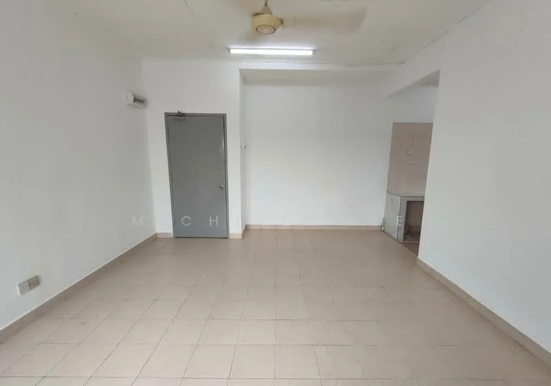 Room features: white painted walls, tile flooring, ceiling fan, 1 wall-mounted split AC, single door, kitchenette area with sink, fluorescent ceiling lights.