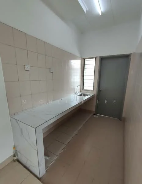 Laundry features: white marble countertop, single-bowl stainless-steel sink, chrome pull-down faucet, light beige tiled walls, light beige tiled flooring, window for natural light, grey door, fluorescent ceiling lights; style: modern.