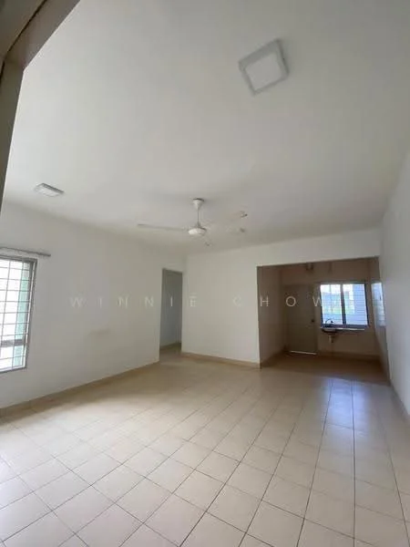 Room features: white painted walls, tile flooring, ceiling fan, recessed ceiling lights, large windows, window with grid pattern, open layout, neutral color scheme; style: modern.